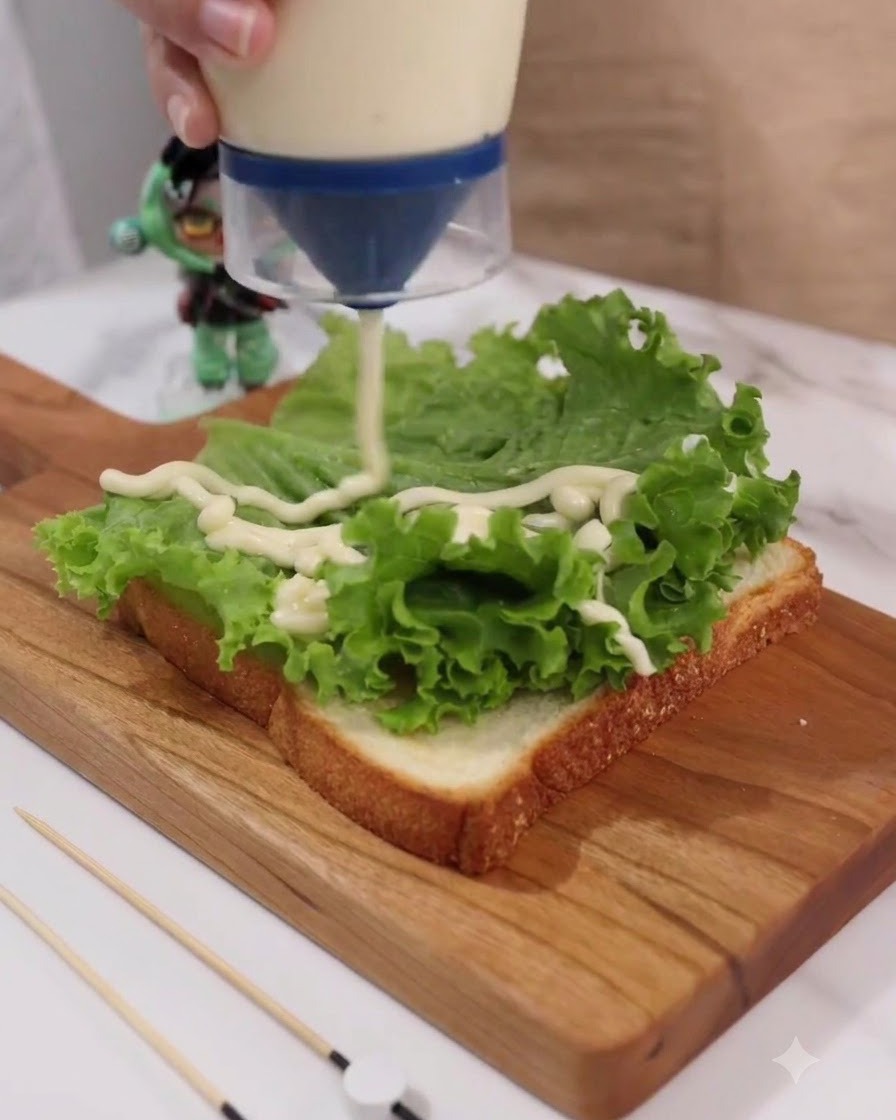 Mayonnaise pressée dun flacon en lignes en zigzag sur la laitue verte dune tranche de pain de mie.