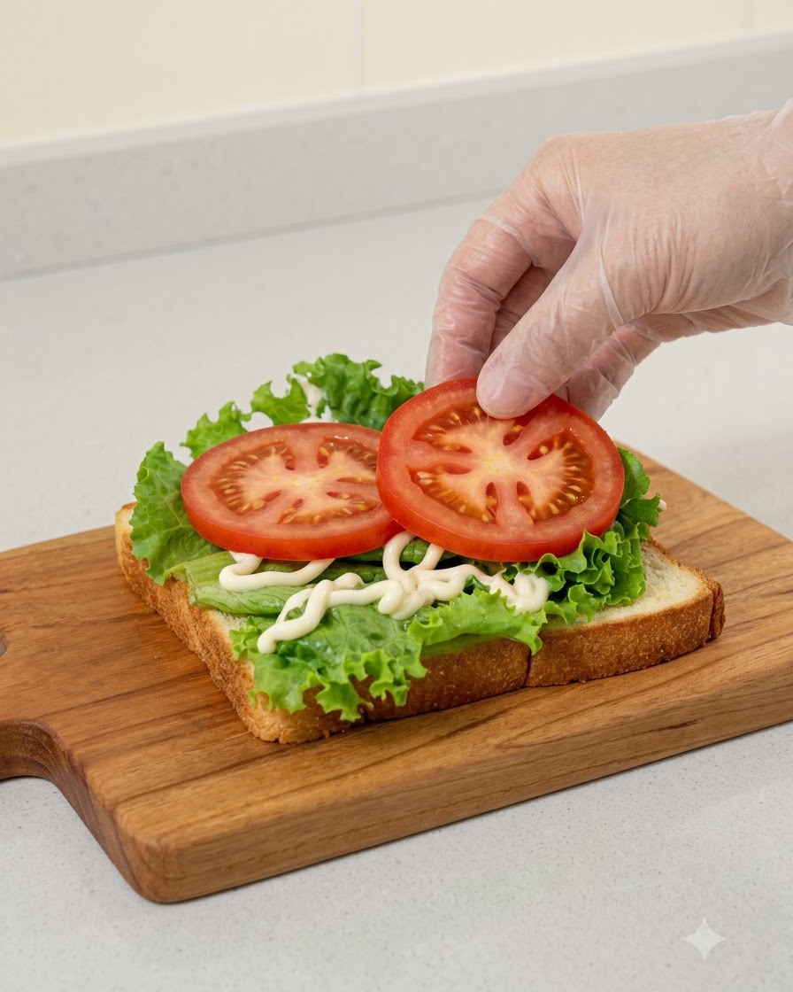 Main gantée plaçant deux tranches rondes de tomates rouges sur la couche de laitue du sandwich.
