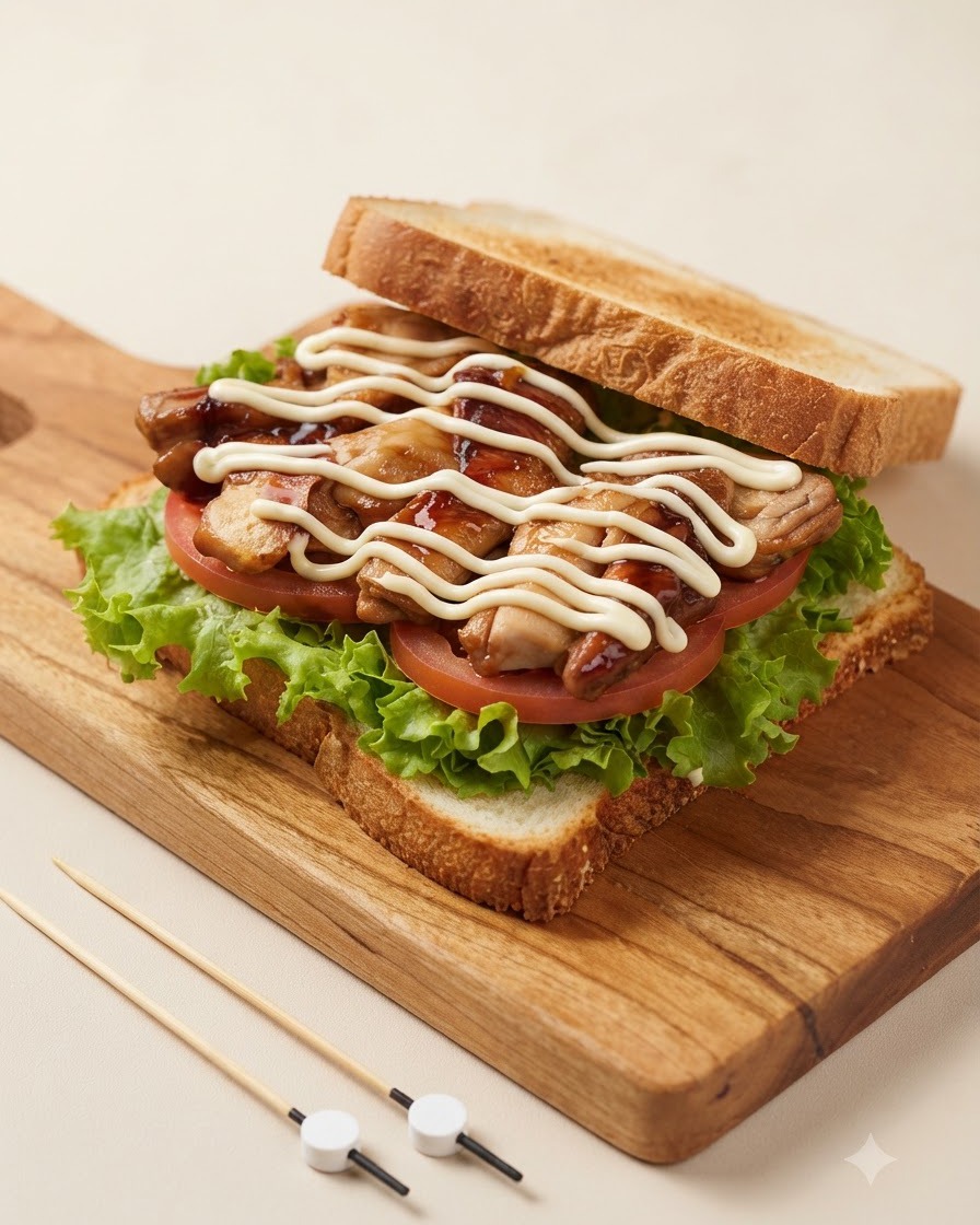 Gros plan sur une couche de sandwich au poulet montrant un motif en zigzag de mayonnaise blanche arrosée sur le poulet teriyaki glacé.
