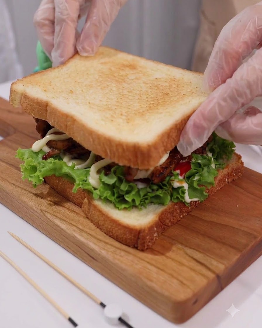 Mains portant des gants transparents posant délicatement une tranche de pain doré sur le sandwich assemblé.