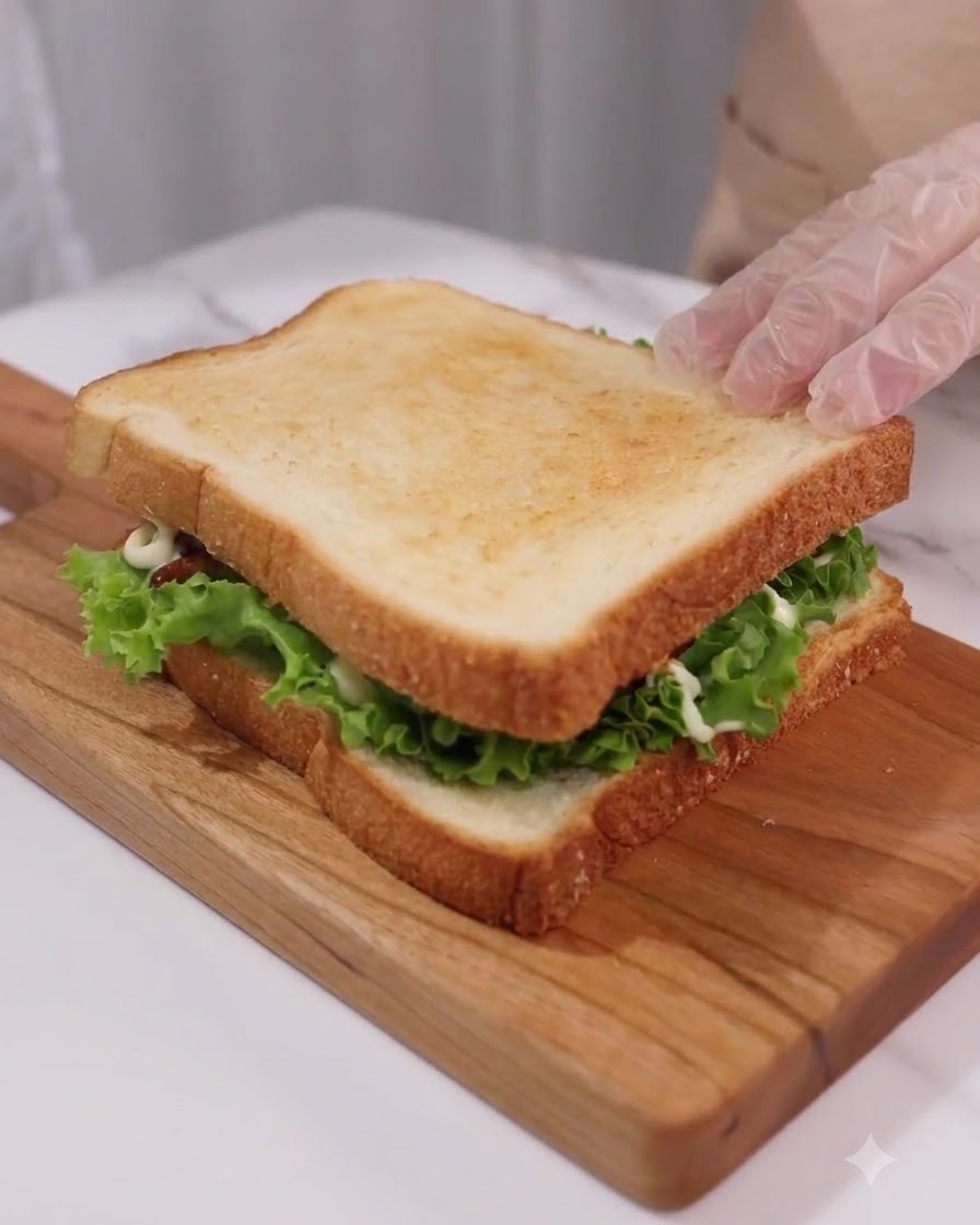 Deux cure-dents enfoncés dans la couche supérieure dun sandwich grillé et fini sur une planche en bois.