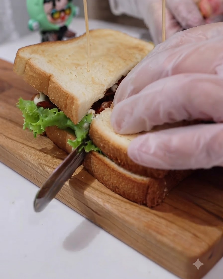 Un couteau coupant en diagonale à travers un sandwich fraîchement préparé sur une planche à découper en bois.