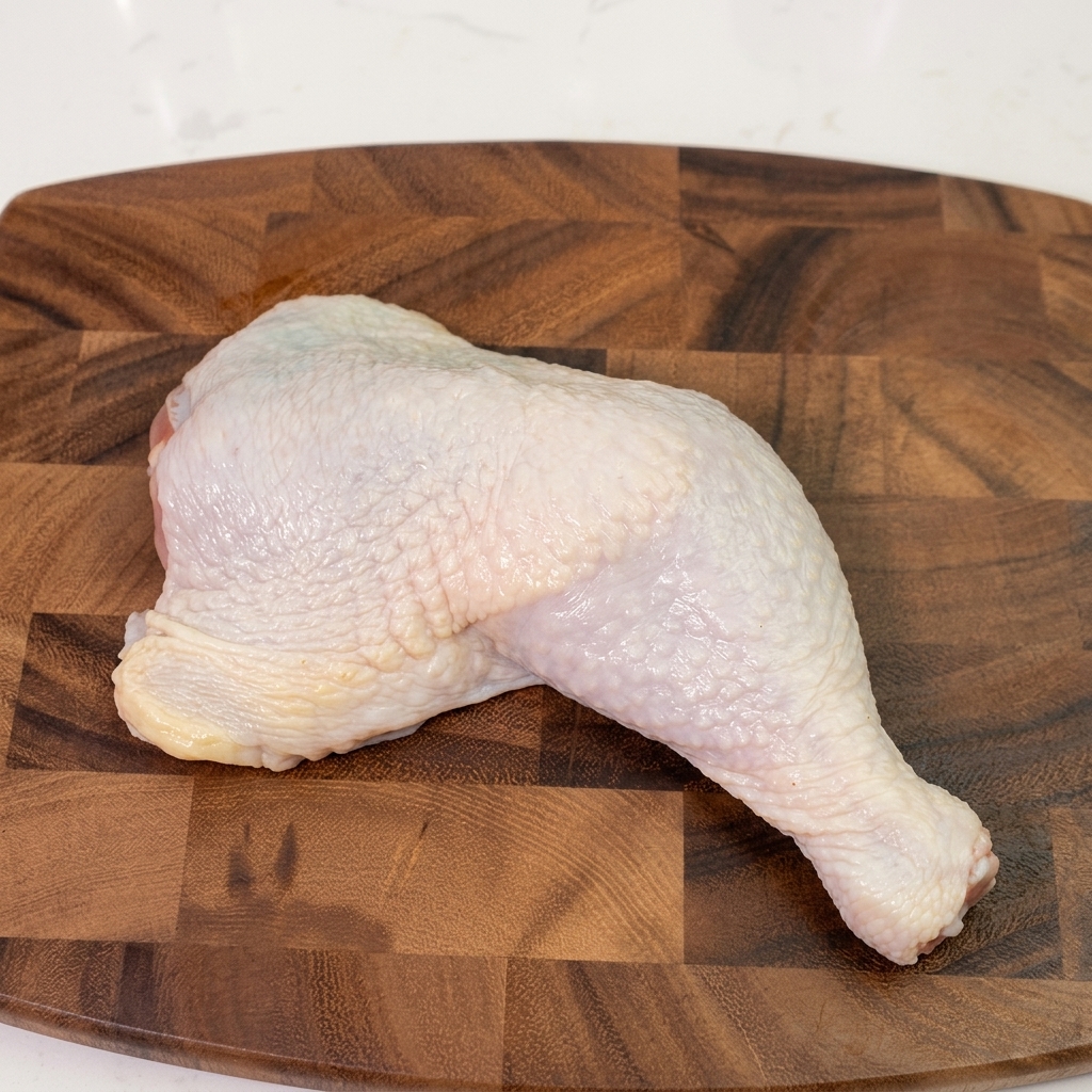 Une cuisse de poulet cru en cours de désossage avec un couteau bien aiguisé sur une planche à découper en bois.