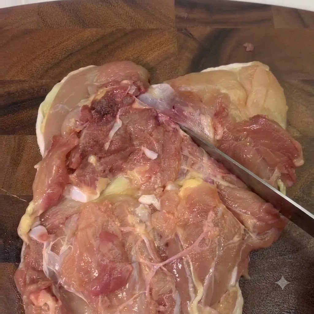 Gros plan dune cuisse de poulet désossée que lon incise avec un couteau sur une planche en bois.