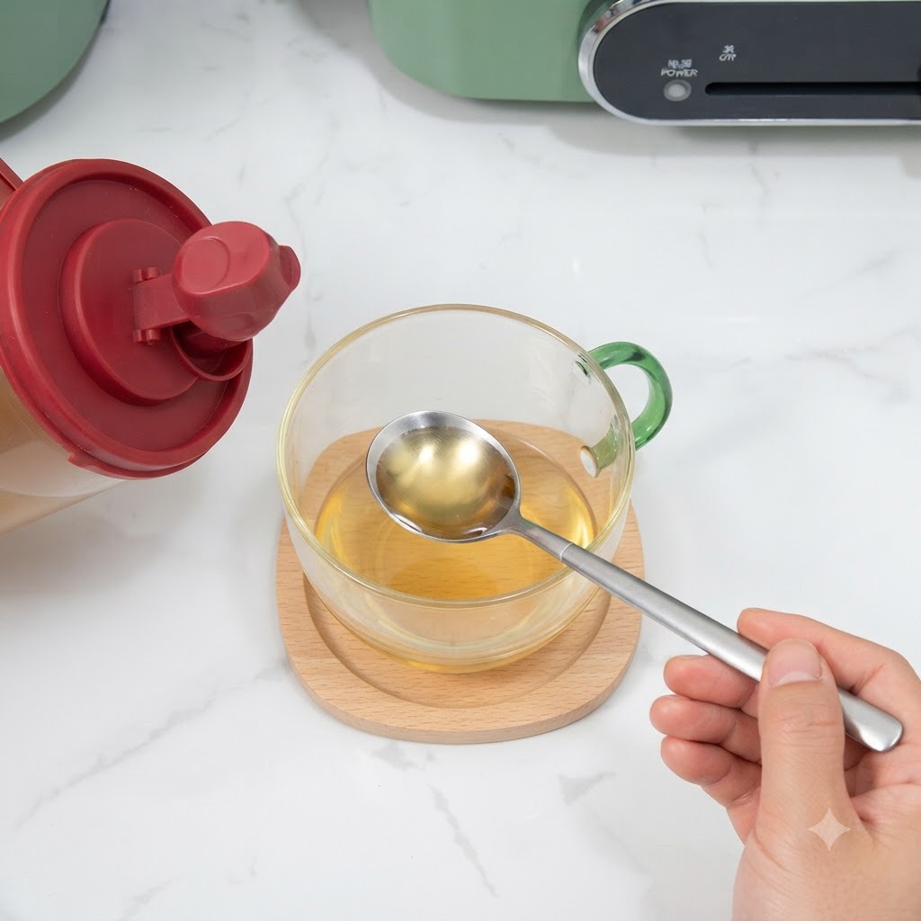 Une cuillère mélangeant la sauce teriyaki secrète dans un bol en verre transparent posé sur un sous-verre en bois.