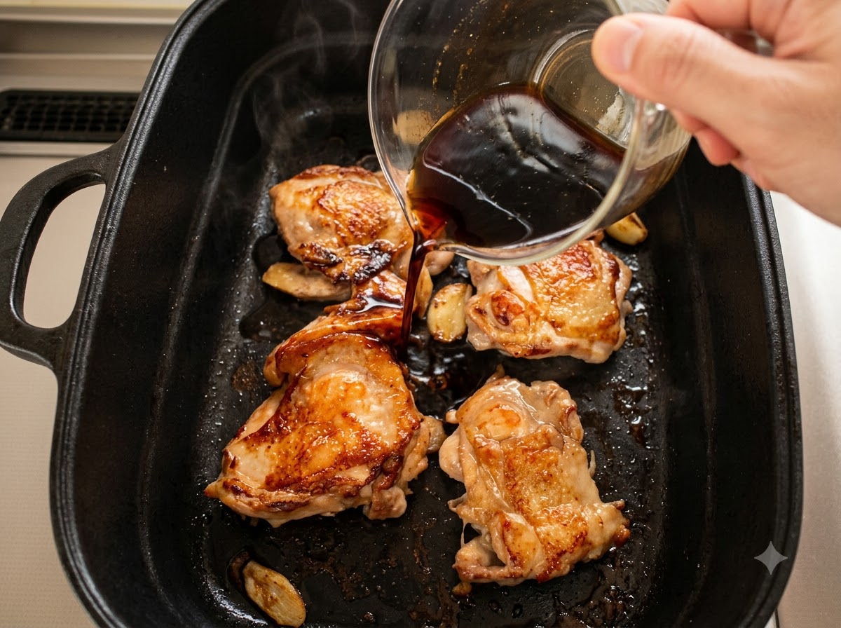 Une main versant une sauce teriyaki foncée et riche dun bol en verre sur des cuisses de poulet dorées dans une poêle noire.