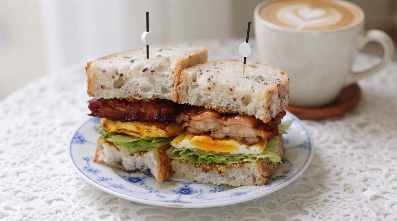 Un sandwich au poulet teriyaki coupé en deux révélant des couches de poulet glacé, un œuf au plat et de la laitue, servi sur une assiette à motifs avec un café au lait.