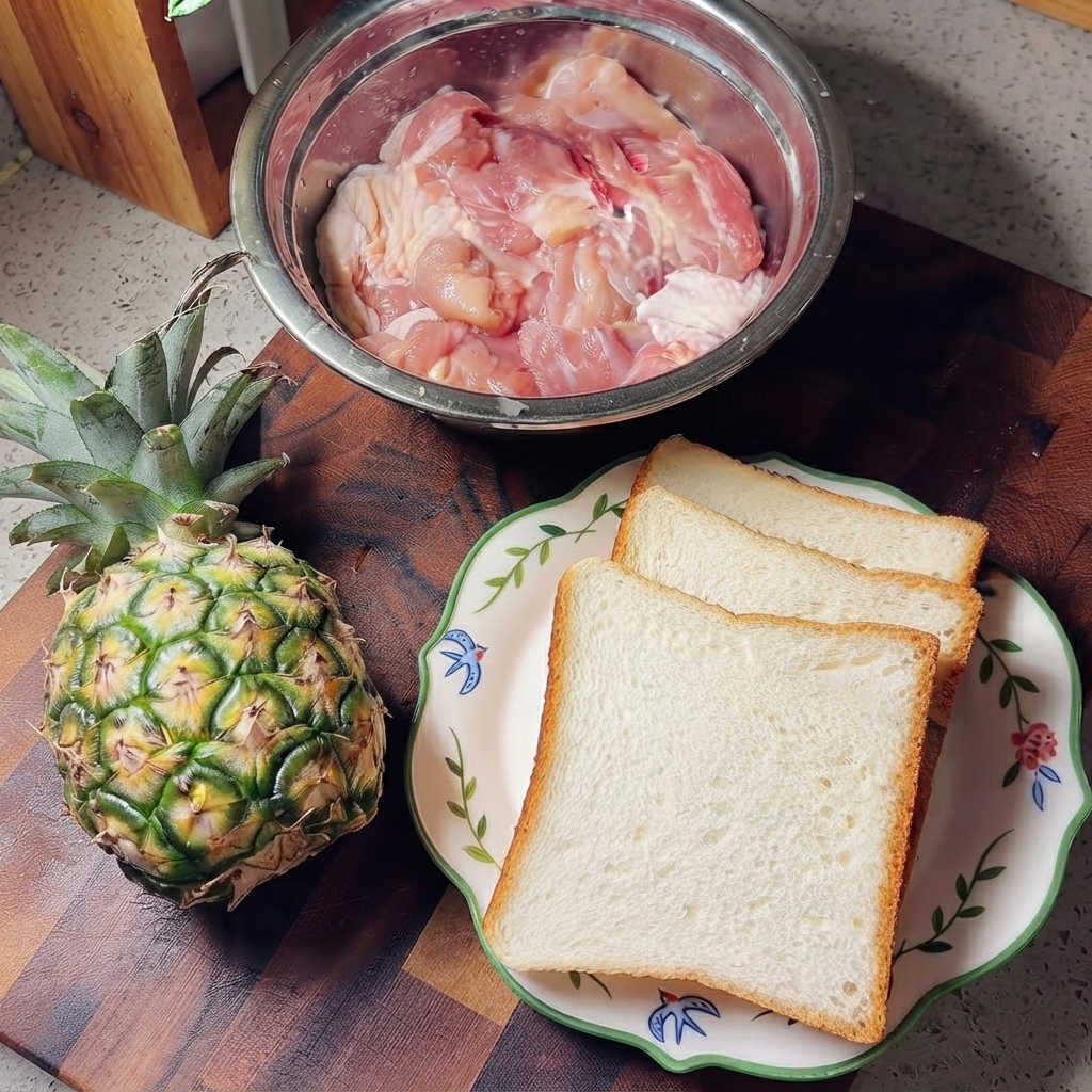 Cuisses de poulet crues dans un bol en acier inoxydable, entourées dun ananas et dune assiette de pain de mie blanc.