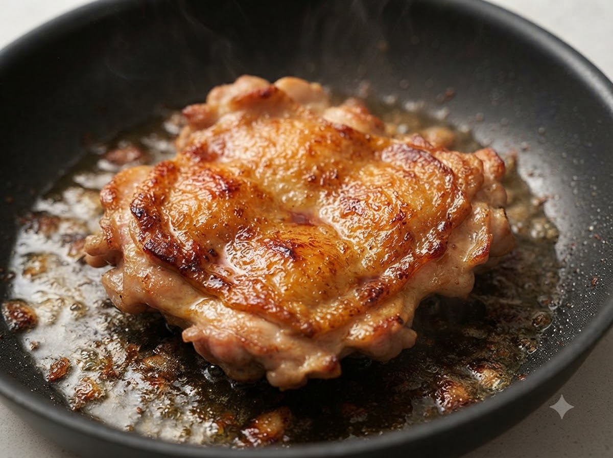 Une cuisse de poulet poêlée et bien dorée qui grésille dans une poêle avec le jus de cuisson.