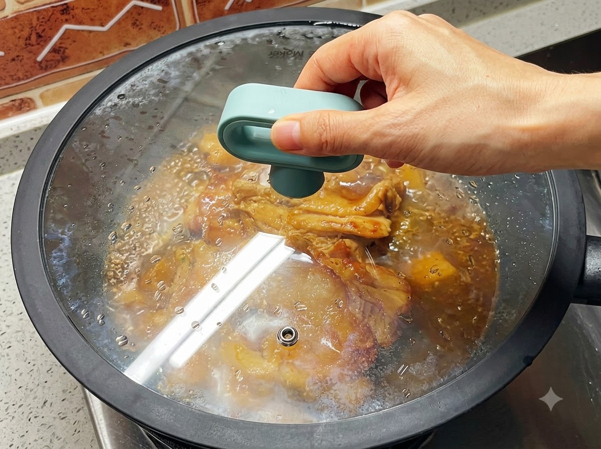 Une main tenant le couvercle en verre dune poêle pendant que le poulet mijote à lintérieur dans une sauce brune frémissante.