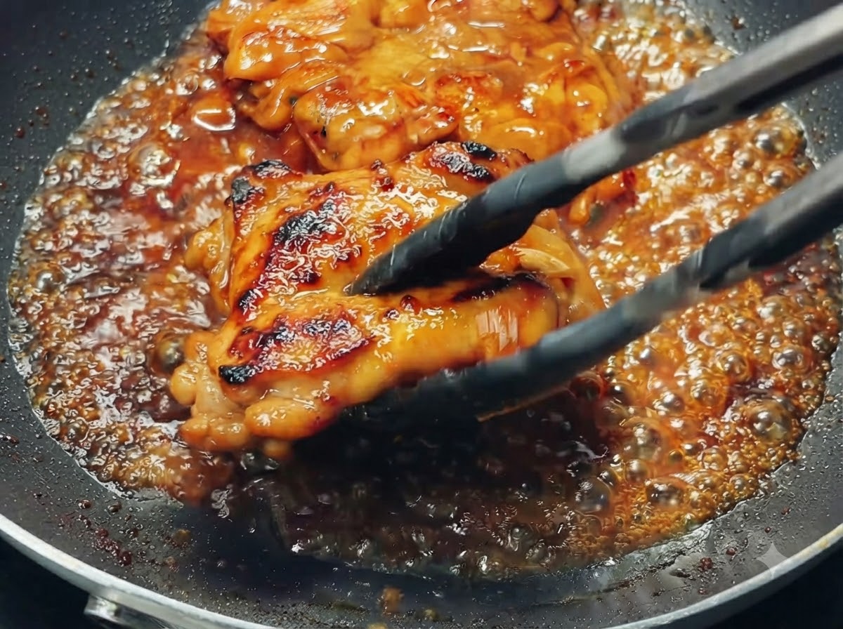 Des pinces retournant une cuisse de poulet glacée dans une poêle remplie de sauce teriyaki bouillonnante.