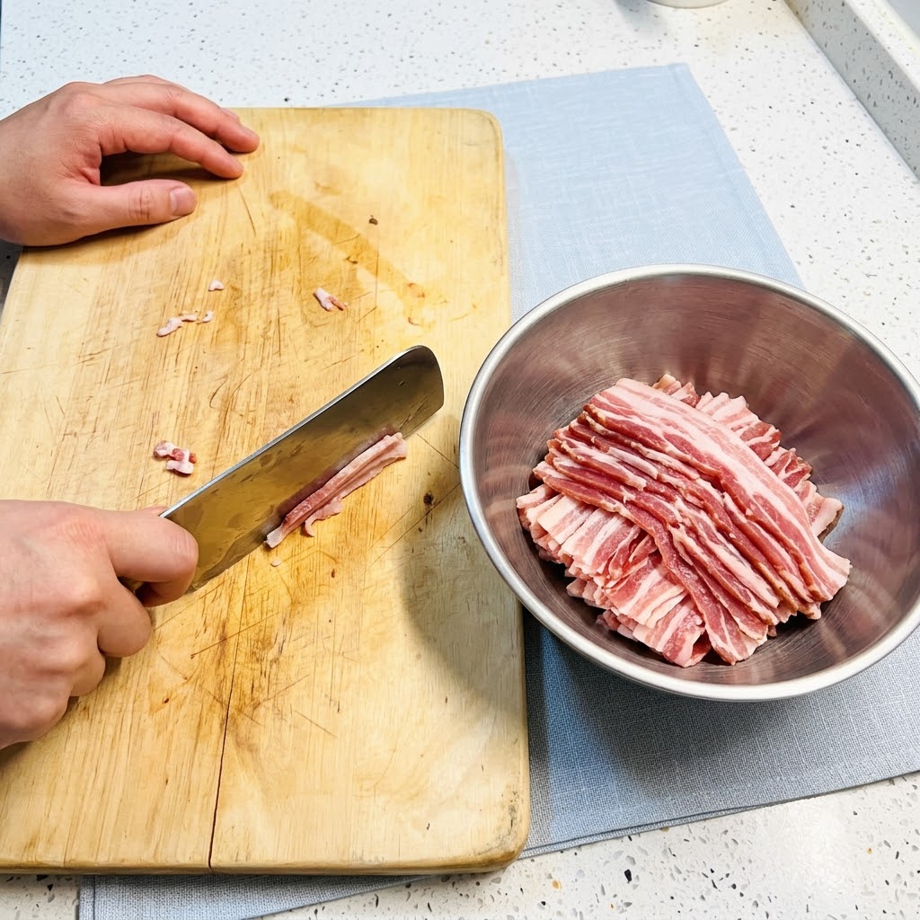 Tranches de poitrine de porc coupées sur une planche à découper en bois et placées dans un bol mélangeur en métal.