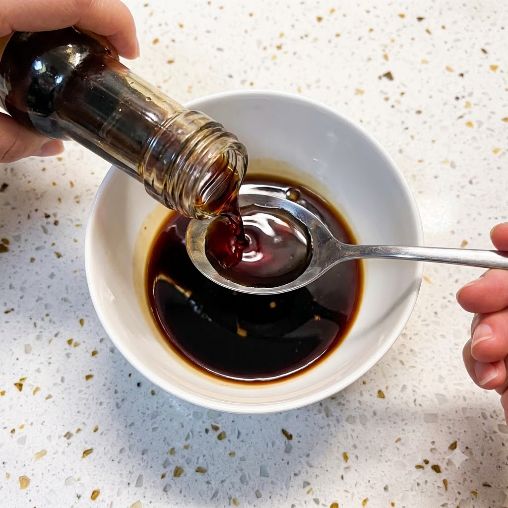 Assaisonnement liquide versé dune bouteille dans un bol blanc contenant dautres ingrédients de la sauce.