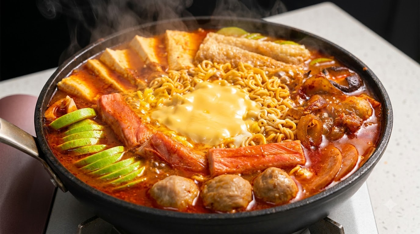 Une marmite frémissante de ragoût militaire coréen remplie de nouilles ramen, de fromage fondu, de spam, de tofu et dun riche bouillon épicé.