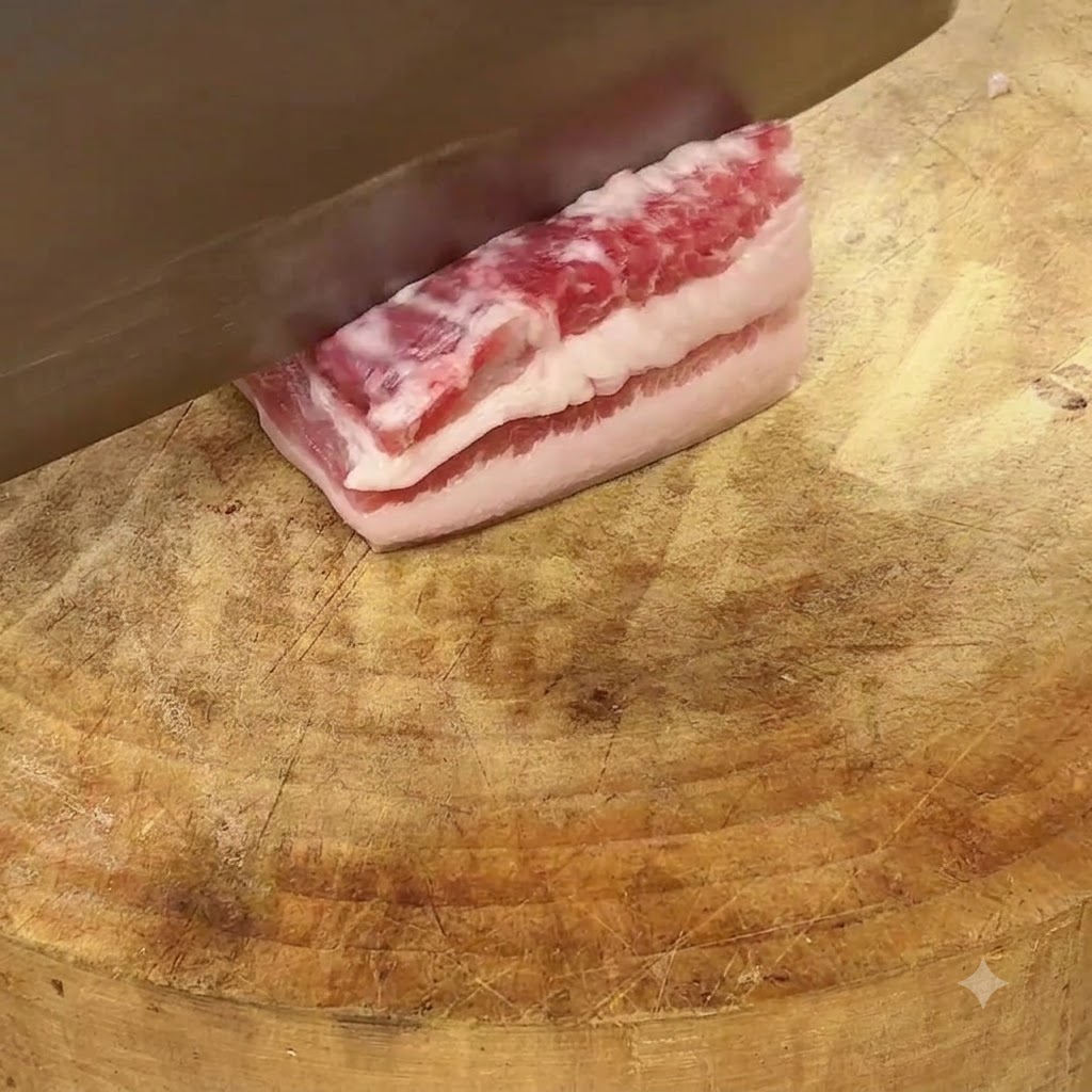 Un couteau bien aiguisé coupant une bande de poitrine de porc crue en portions égales sur une planche à découper en bois usée.