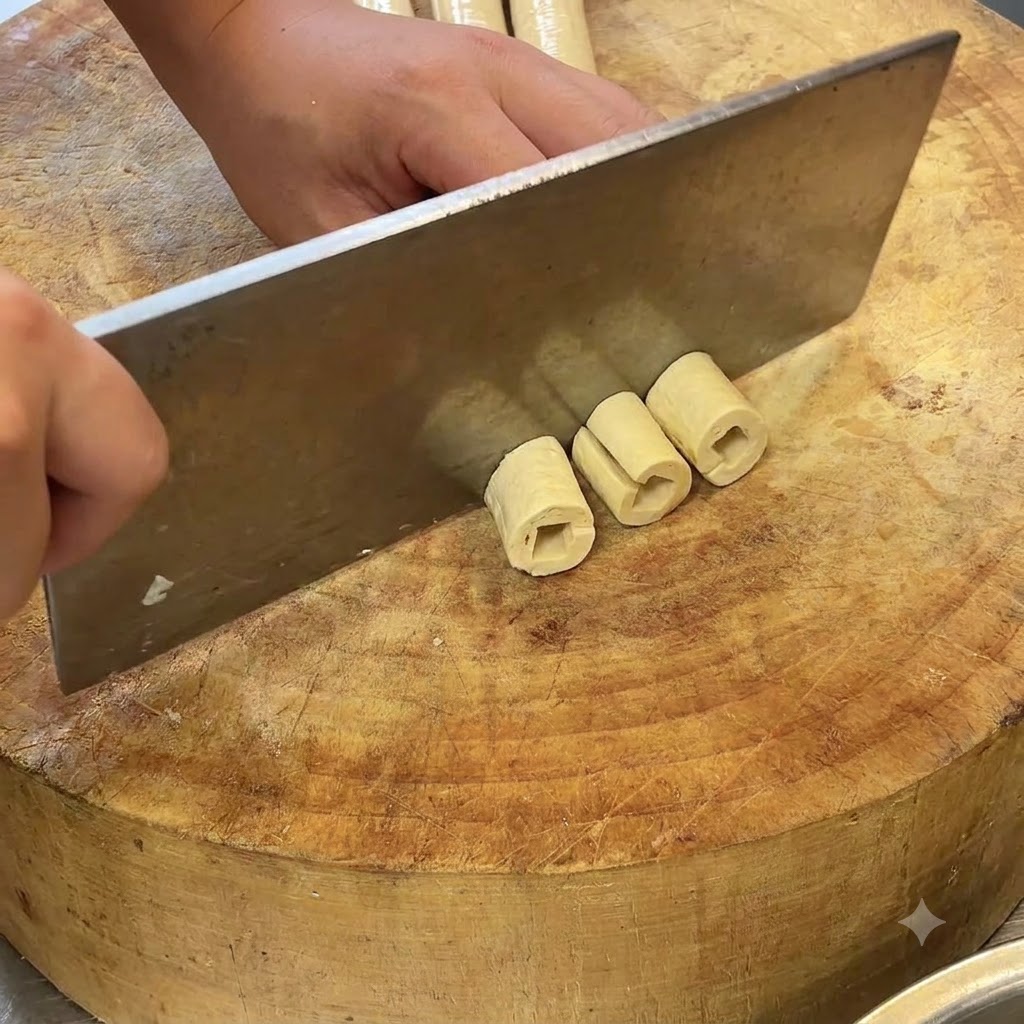 Un couperet de cuisine tranchant des rouleaux de peau de tofu préalablement réhydratés sur une planche à découper.