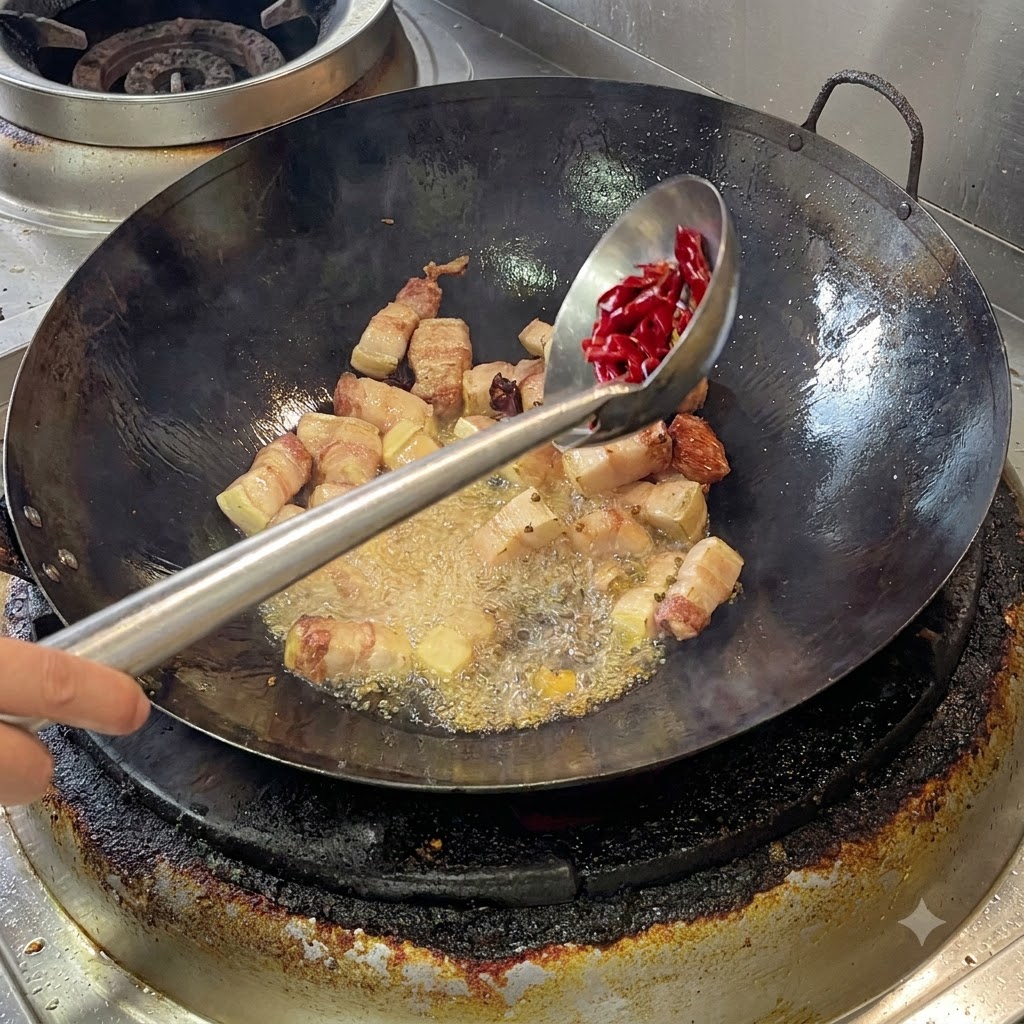 Une louche ajoutant des piments séchés rouges vifs et du poivre de Sichuan dans un wok contenant la poitrine de porc dorée.