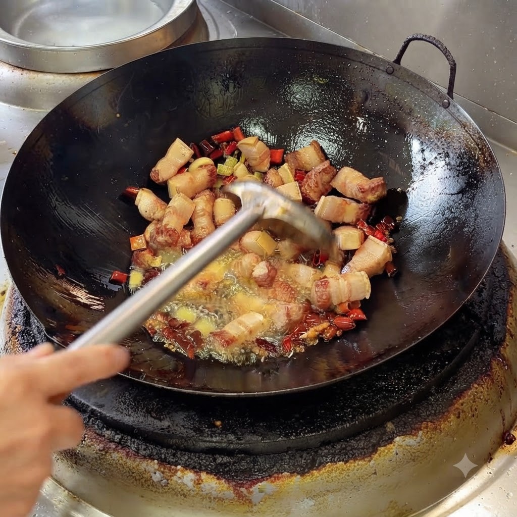 Une louche mélangeant la pâte de haricots et les aromates avec la poitrine de porc grésillante dans un wok.