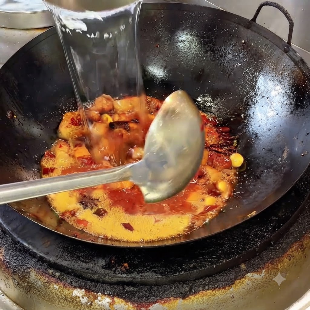 Du bouillon clair versé depuis un récipient dans le wok assaisonné rempli de poitrine de porc et dépices.