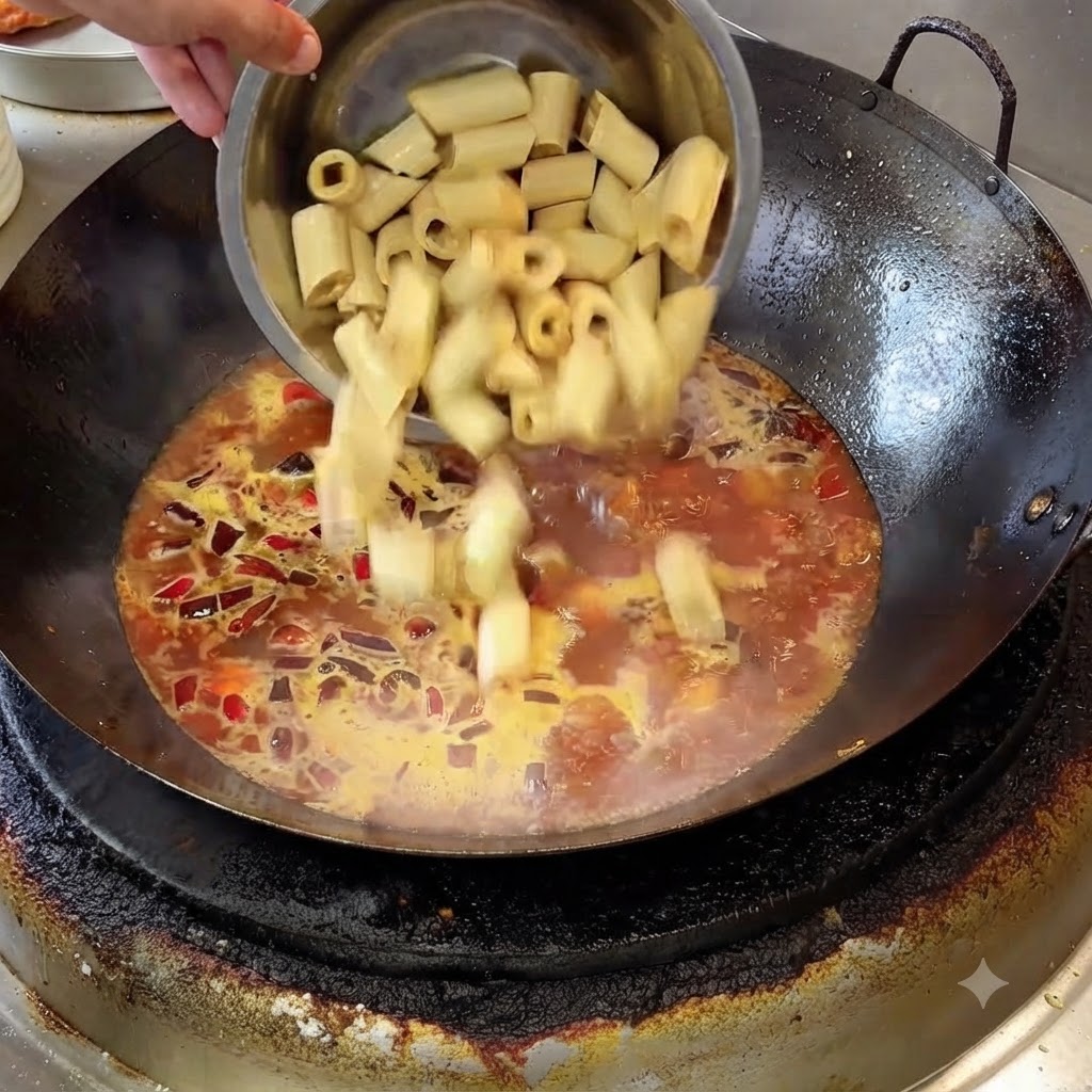 Des morceaux de rouleaux de peau de tofu versés dun bol en acier dans un bouillon de braisage rouge bouillonnant dans un wok.