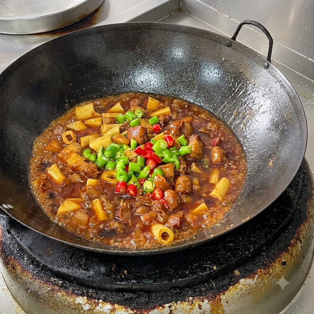 Gros plan sur la poitrine de porc braisée et la peau de tofu dans un wok, garnis de piments verts et rouges fraîchement hachés.