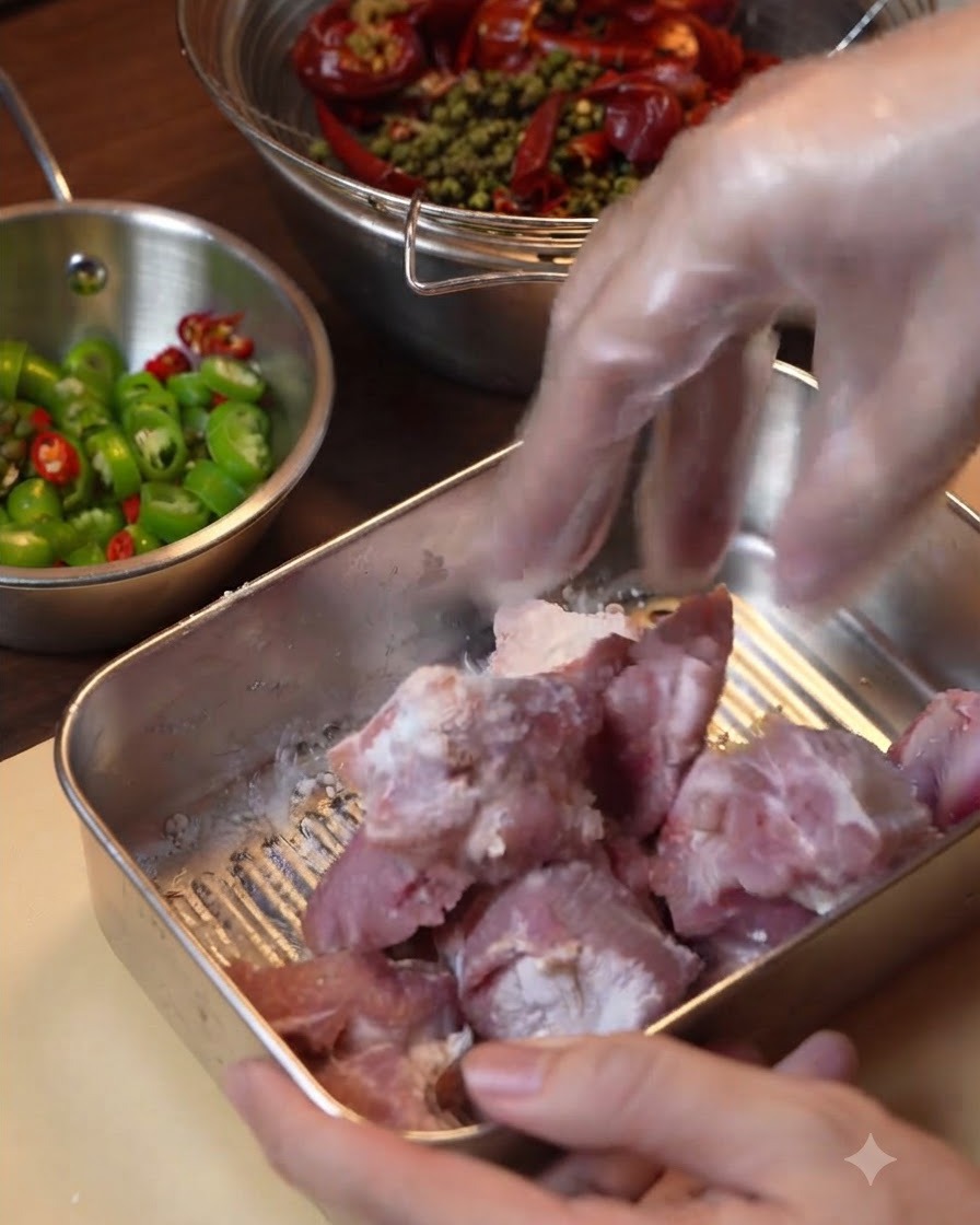 Morceaux de travers de porc frisant dans un wok rempli dhuile chaude.