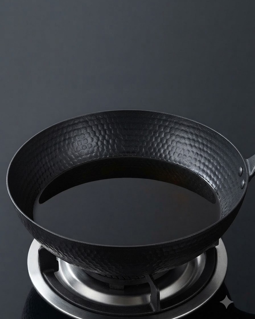 Un wok noir rempli dhuile de friture chaude sur une plaque à induction.