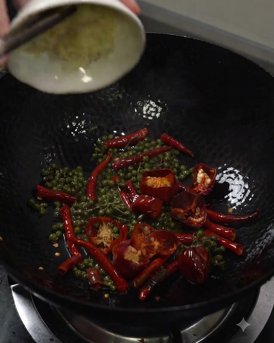 Ail émincé versé depuis un petit bol blanc dans un wok contenant du poivre du Sichuan vert et des piments rouges séchés.