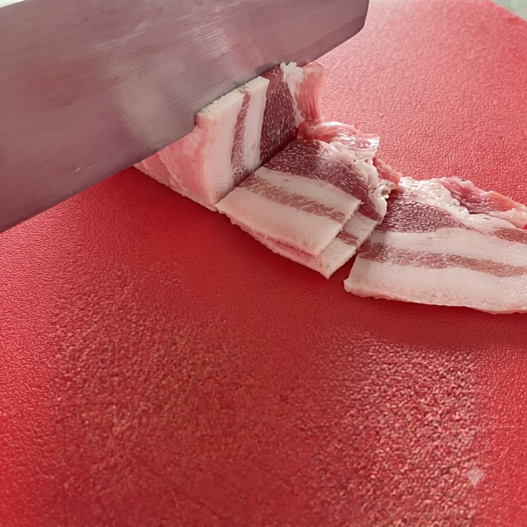 Poitrine de porc coupée en bandes régulières de 1,5 centimètre sur une planche à découper rouge.