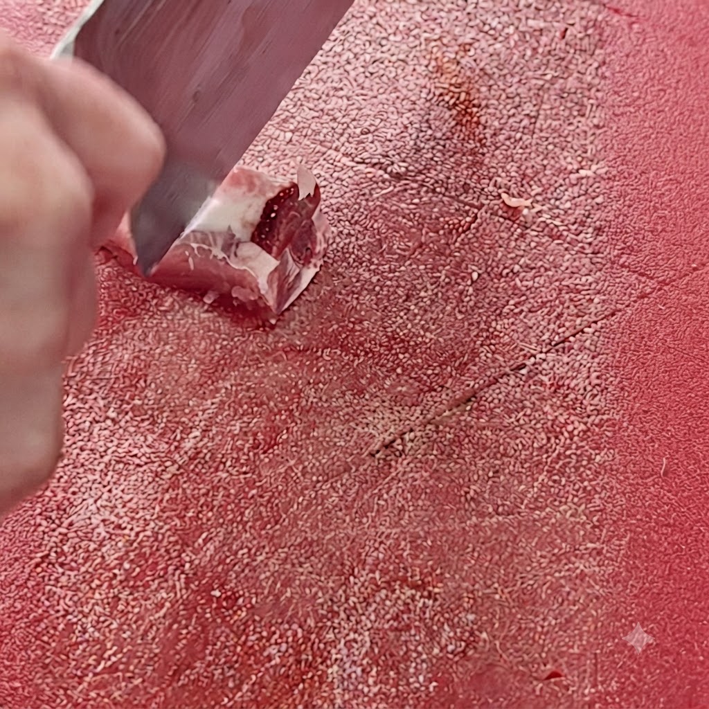 Un couteau de cuisine coupant des travers de porc en petits morceaux sur une planche à découper rouge.