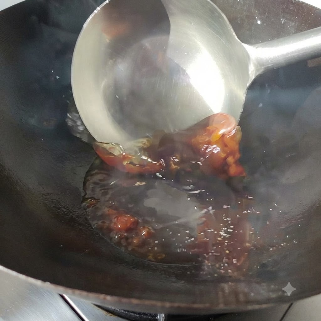 Pâte de haricots grésillant dans lhuile chaude dun wok, remuée avec une louche en métal.