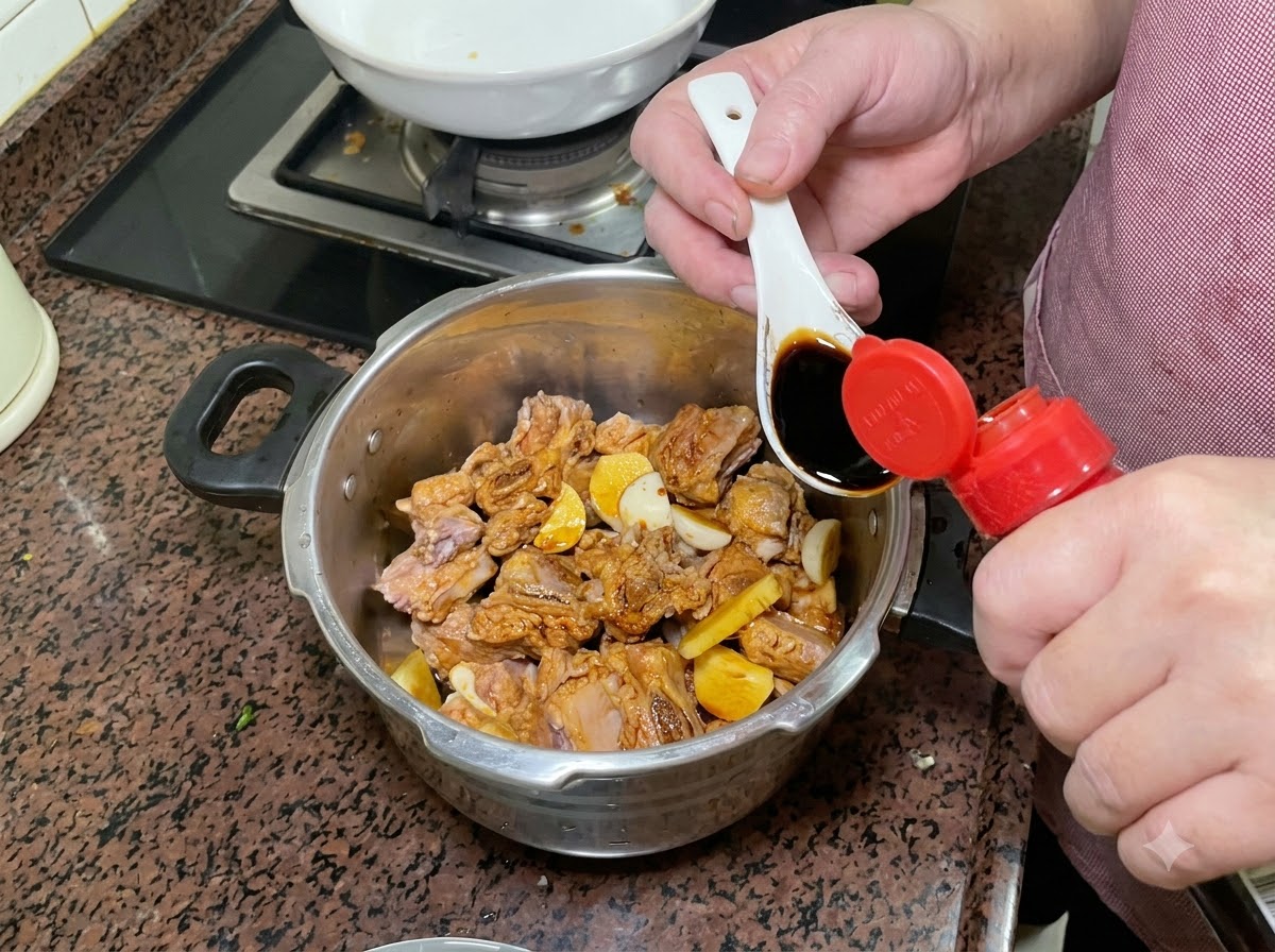 Une cuillère blanche contenant de la sauce soja foncée étant vidée dans lautocuiseur sur les côtes assaisonnées.