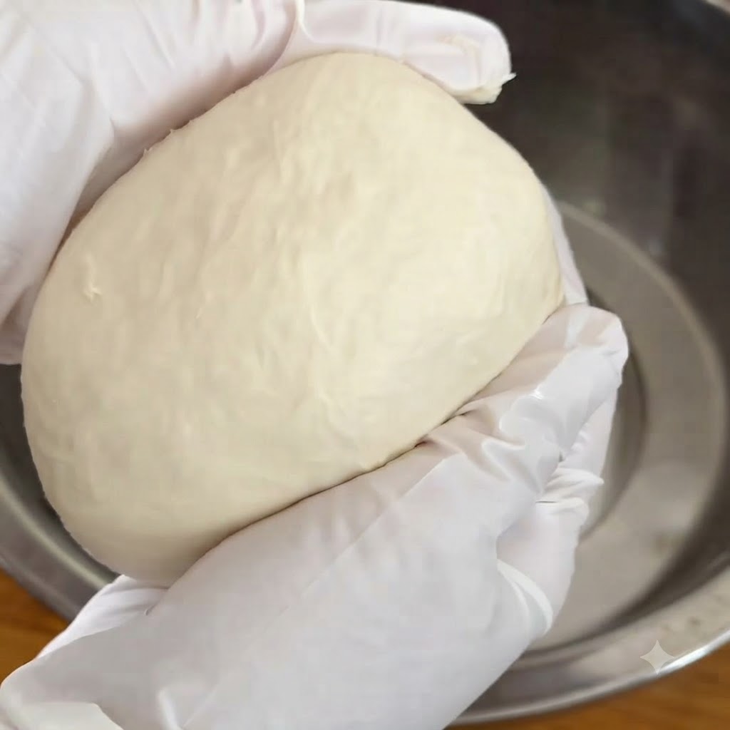 Une main gantée tenant une boule de pâte à pizza lisse au-dessus dun récipient en inox.