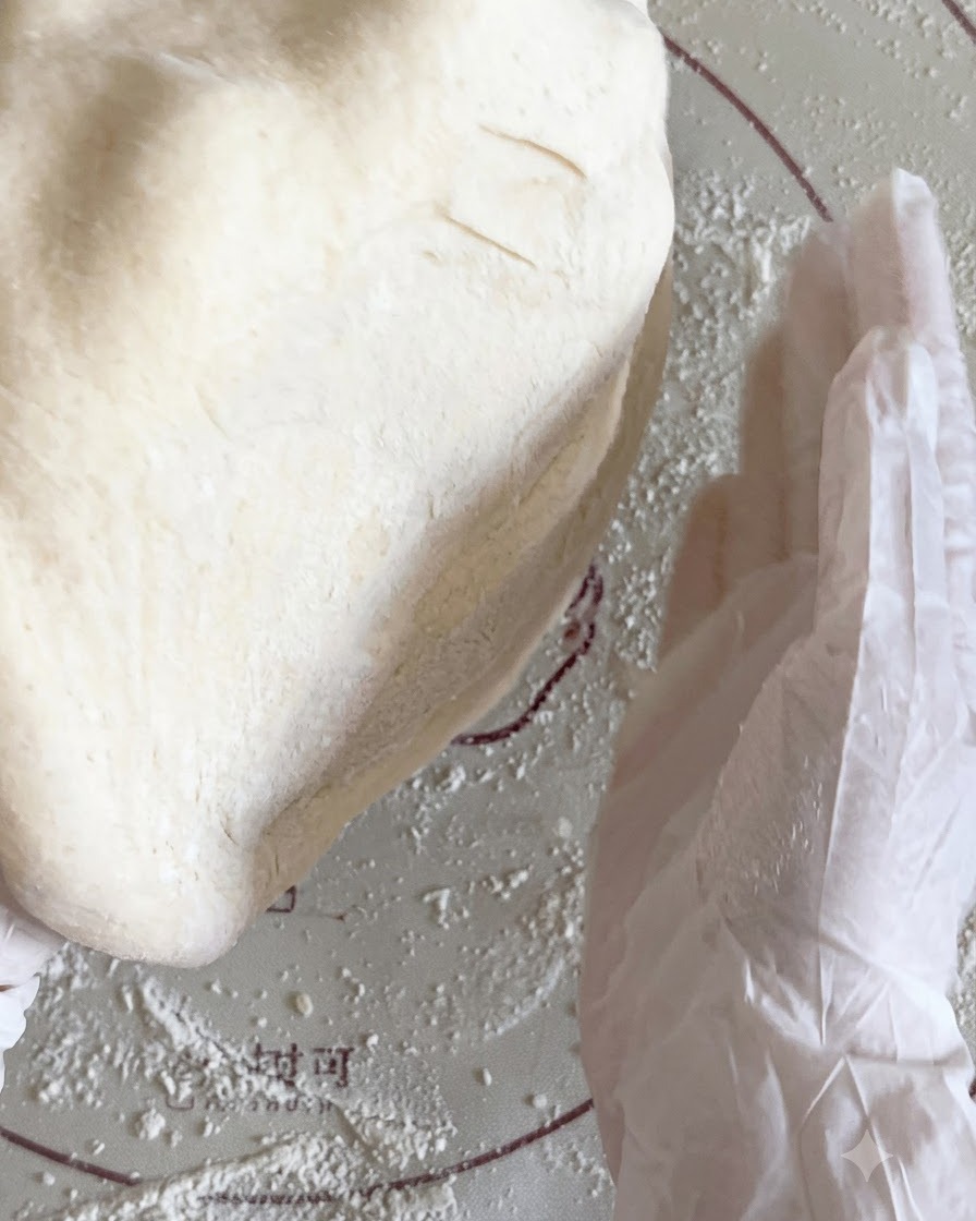 Pâte à pizza aplatie manipulée entre les mains au-dessus dun tapis fariné.