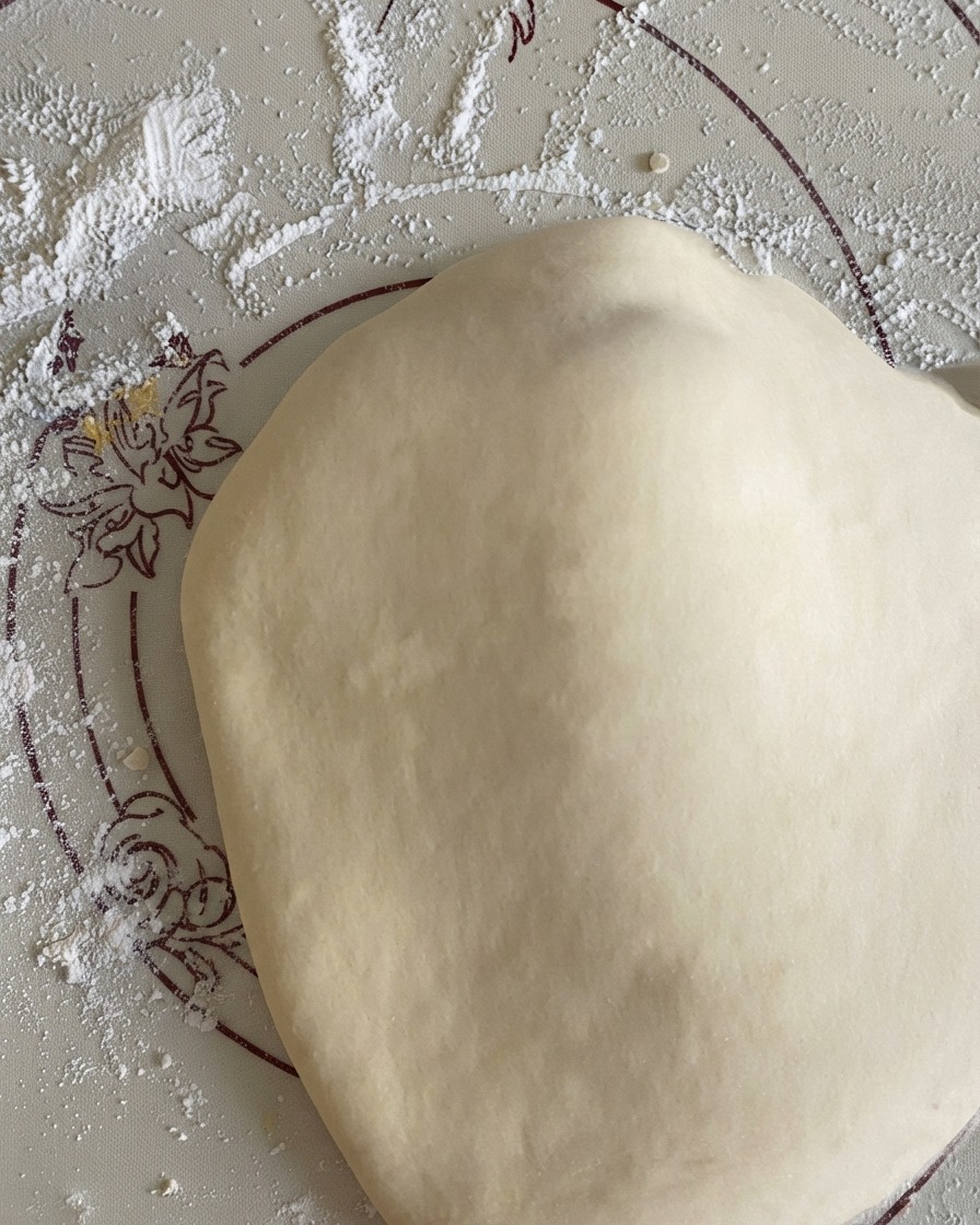 Pâte à pizza ronde étirée reposant sur un tapis en silicone.