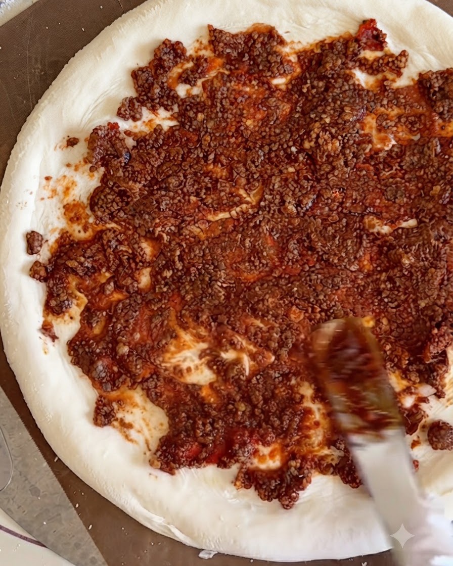 Dés de bœuf cuits répartis sur la sauce à la viande étalée sur la base de la pizza.