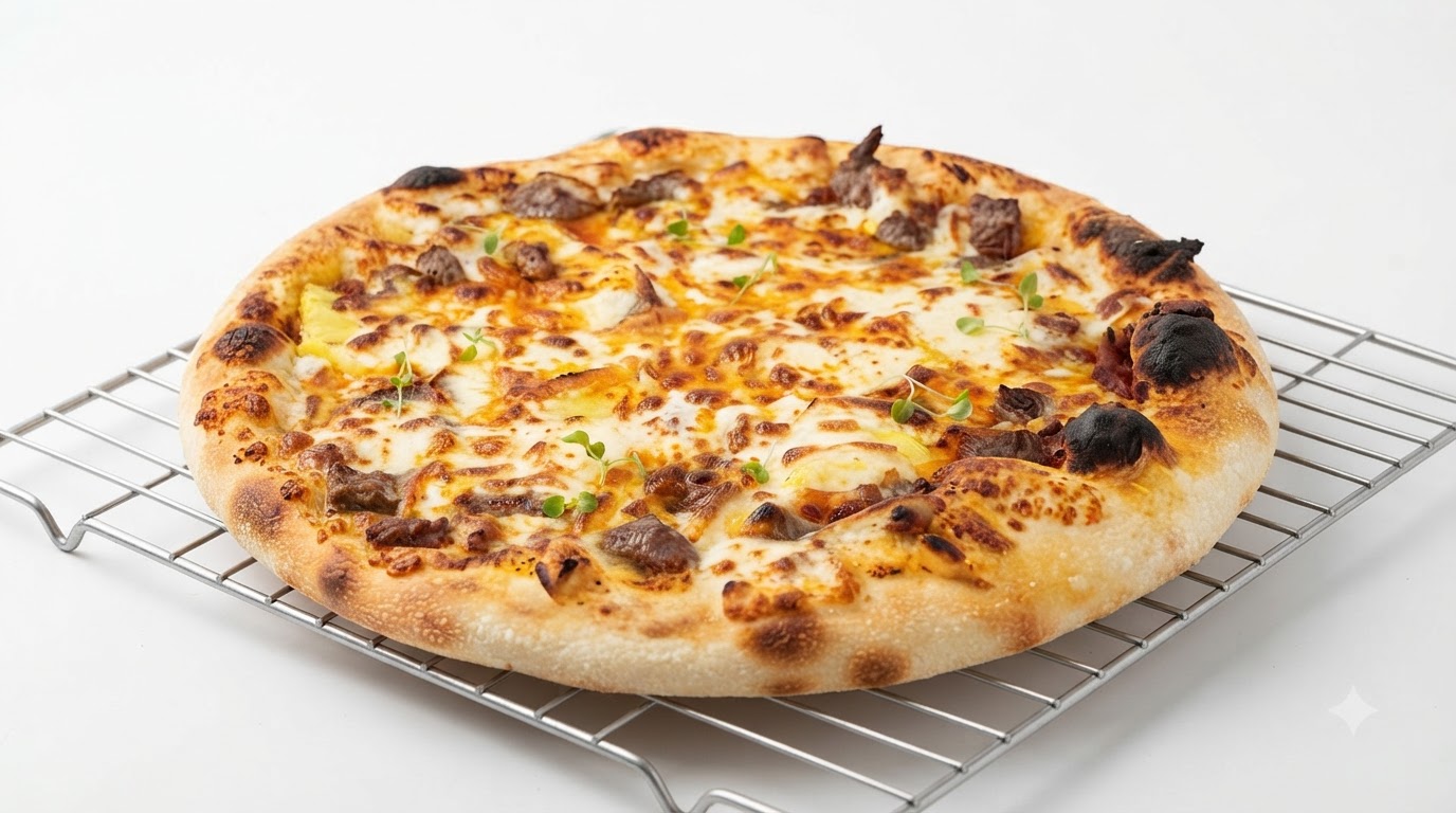 Une pizza au bœuf et à lananas fraîchement cuite sur une grille de refroidissement, avec une pâte bien alvéolée et du fromage fondu.