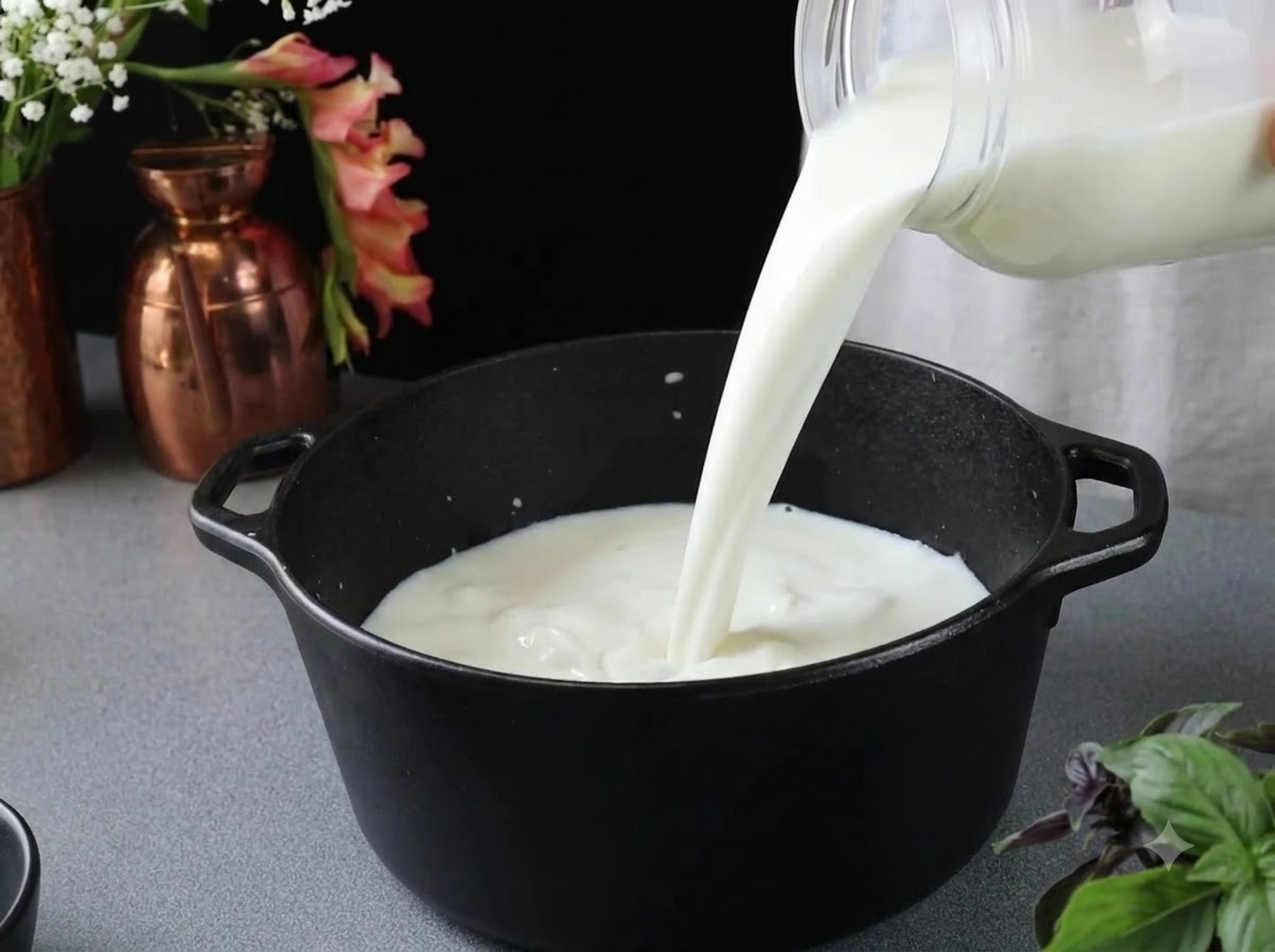 Lait frais versé dune carafe en plastique transparent dans une marmite en fonte noire.