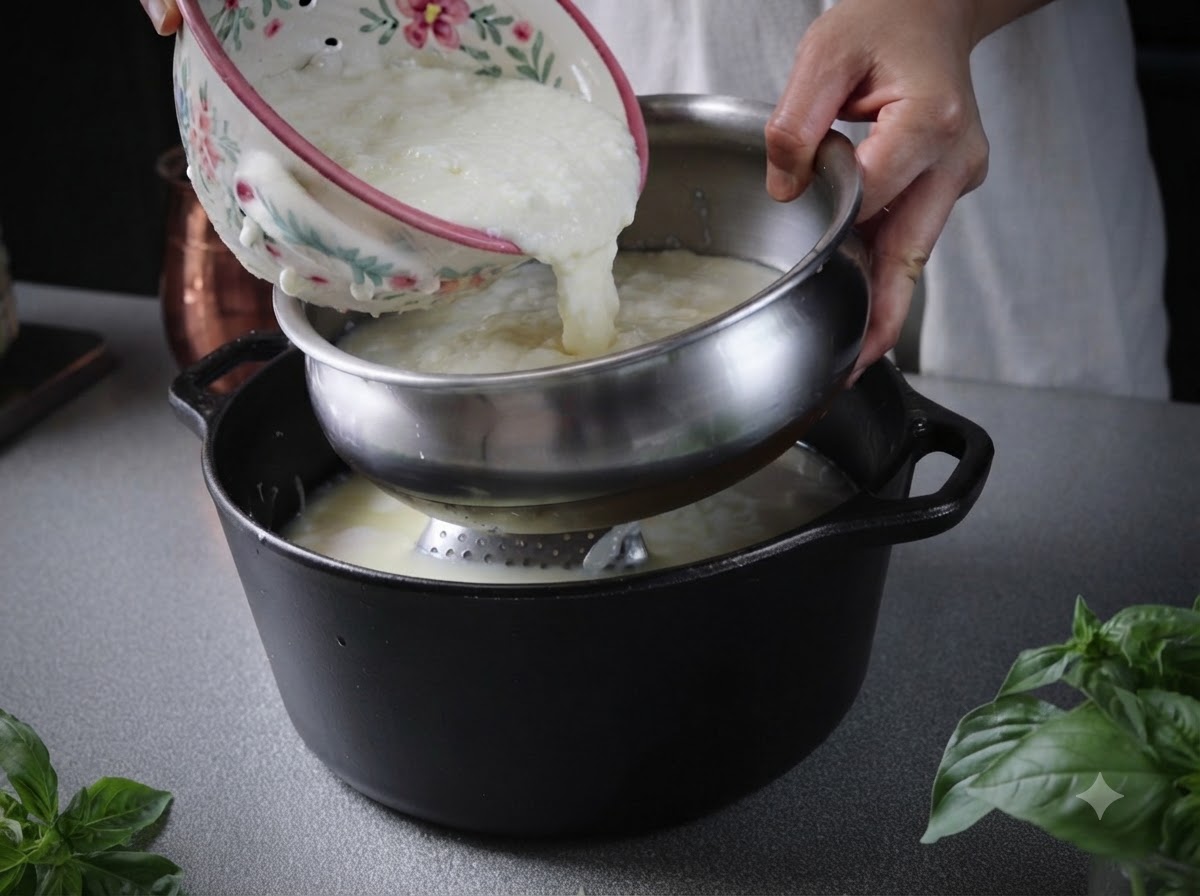 Mélange chaud de caillé de fromage versé dun bol à motifs à travers une passoire dans un bol en acier inoxydable.