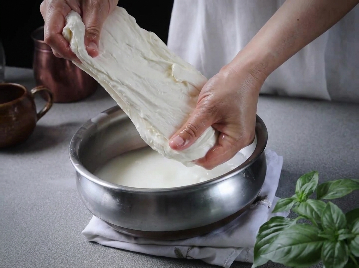 Mains étirant et tirant un morceau de caillé de mozzarella blanche dans un bol en métal rempli deau.
