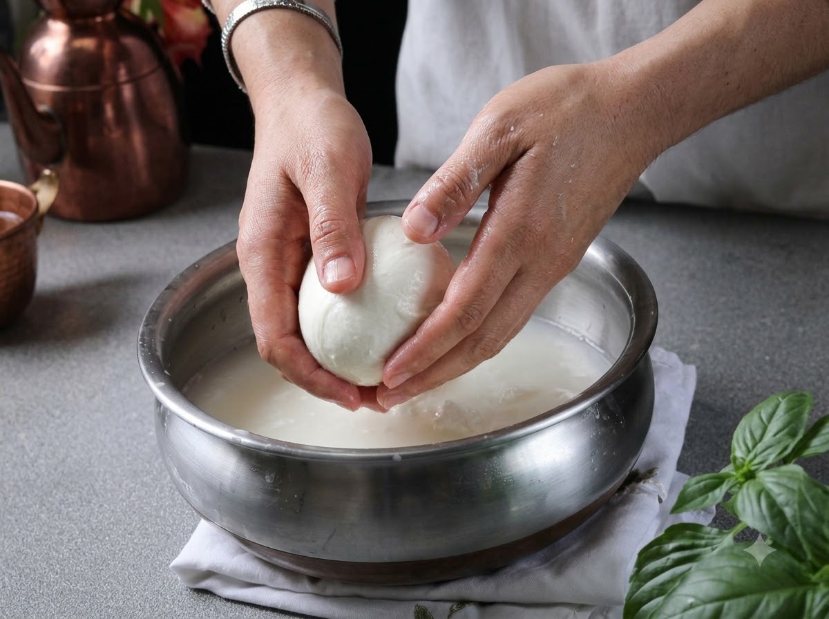 Mains formant une sphère lisse de mozzarella fraîche immergée dans un bol en métal rempli deau.