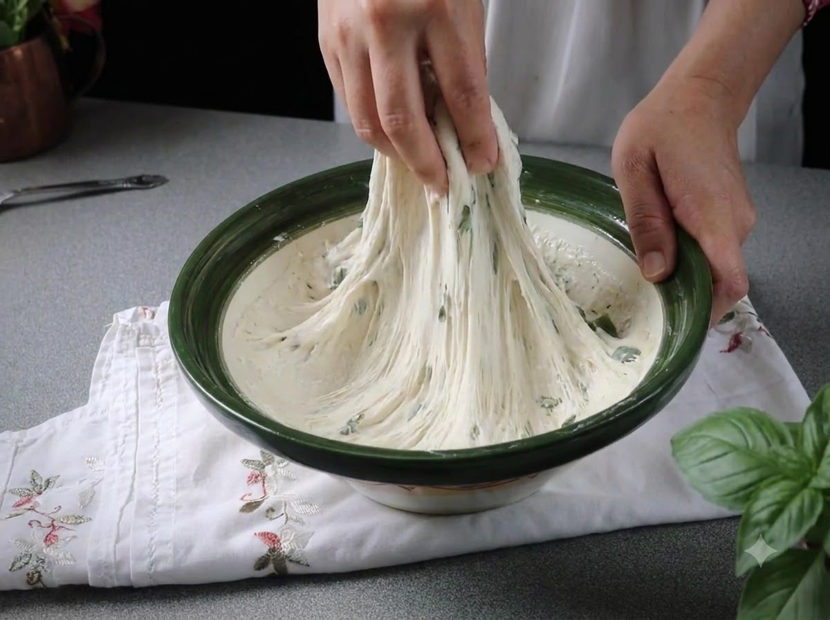 Mains tirant et étirant la pâte à pizza fermentée et collante vers le haut à partir dun bol à bord vert.