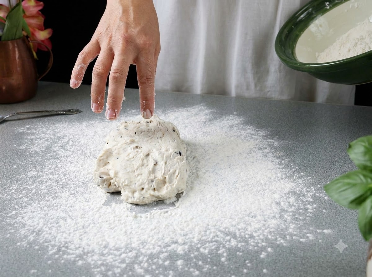 Main planant au-dessus dun monticule de pâte à pizza reposant sur un plan de travail gris fariné.
