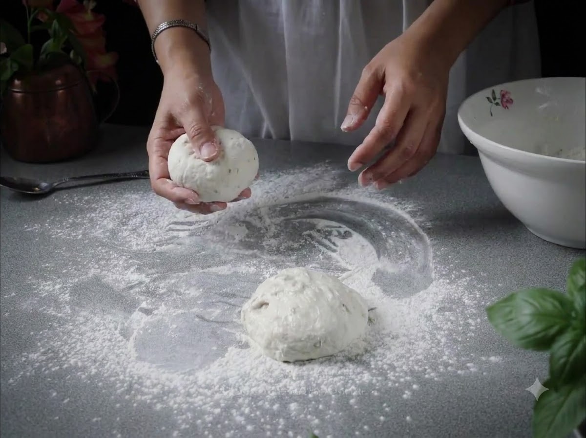 Mains tenant un pâton de pâte à pizza rond façonné à côté dun autre sur une surface farinée.