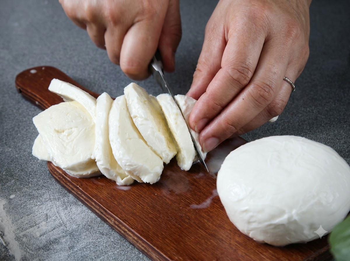 Couteau tranchant une boule de mozzarella fraîche sur une planche à découper en bois, avec plusieurs tranches déjà coupées.