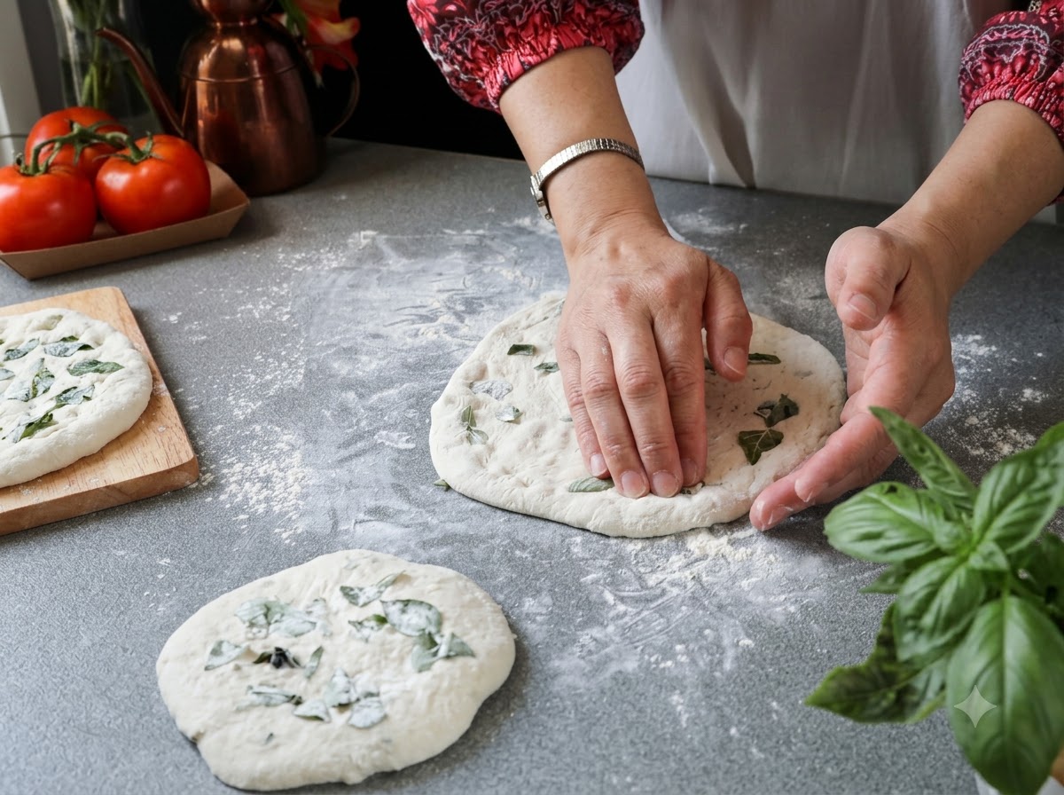 Mains étirant un disque rond de pâte à pizza sur une surface farinée entourée de feuilles de basilic frais.