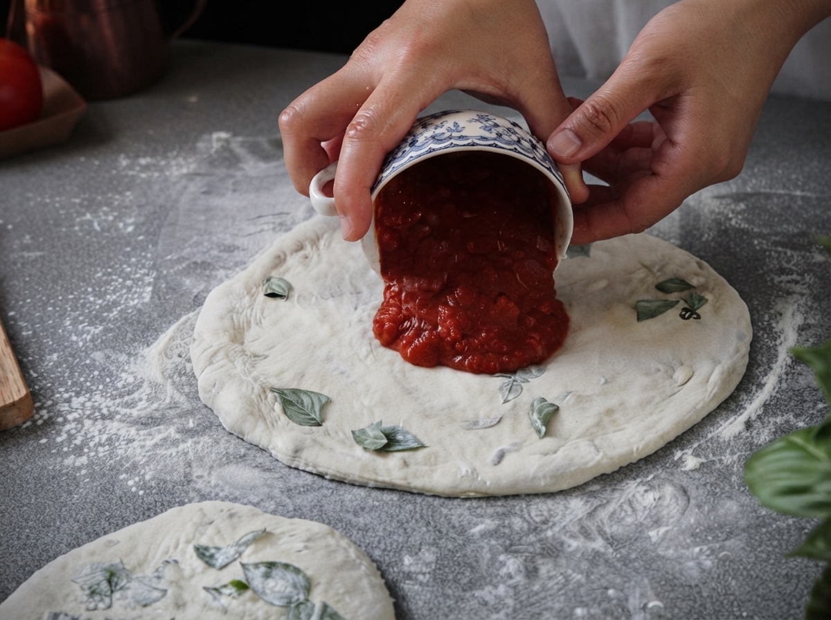 Sauce tomate rouge épaisse vidée dun petit bol à motifs au centre dune pâte à pizza plate.