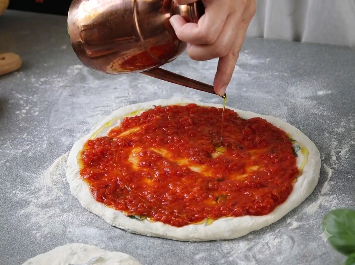 Huile dolive extra vierge versée dune burette en cuivre en un mince filet sur une couche de sauce tomate rouge.