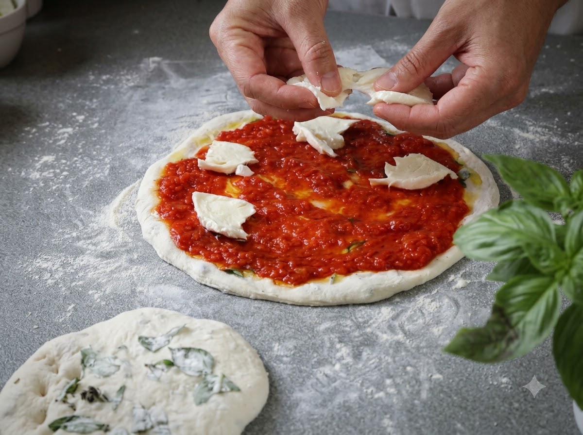 Mains déchirant et plaçant des morceaux blancs de mozzarella fraîche sur la sauce tomate dune pâte à pizza crue.