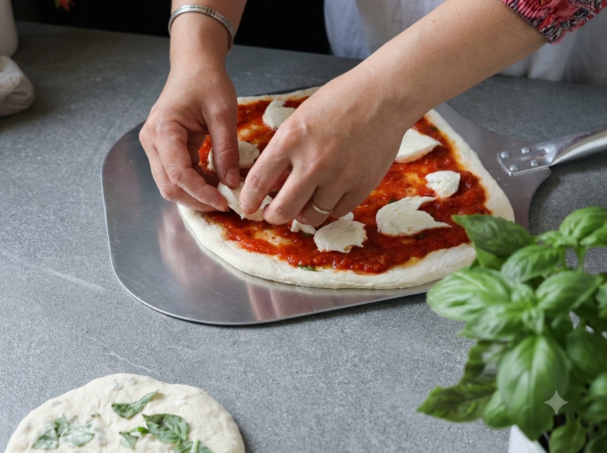 Mains positionnant une pizza crue préparée sur une grande pelle en métal sur le plan de travail dune cuisine.